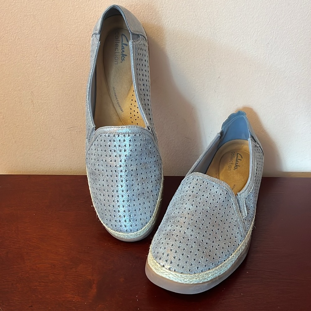 Clark’s Silver Suede Perforated Flats